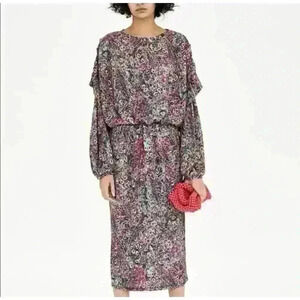 Zara Peacock Feather Puff Sleeve Dress Small Long Sleeve wedding guest dress